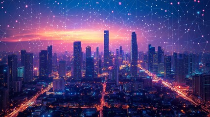 Fototapeta premium A vibrant city skyline illuminated at dusk with a network of lights connecting buildings in a technological display of urban life
