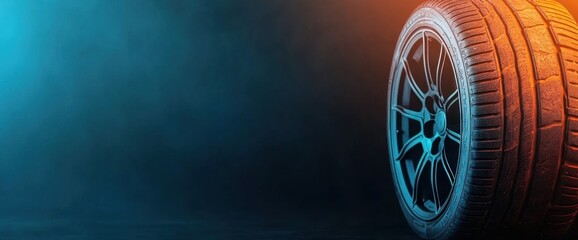 A tire is shown on a dark background with a blue sky in the background