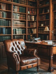 Elegant Library Study with Leather Chair and Bookshelf