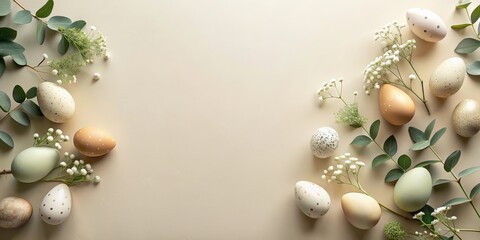 Overhead shot of elegant Easter eggs, eucalyptus foliage, and gypsophila petals on light beige backdrop, sophisticated