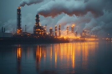 Oil refinery plant releasing smoke pollution at sunset