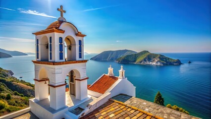 Obraz premium Church tower on Skopelos Island in Greece with copy-space, Church, tower, Skopelos Island, Greece, copy-space, architecture