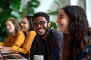 Obraz premium Smiling Man with Glasses in a Group of People