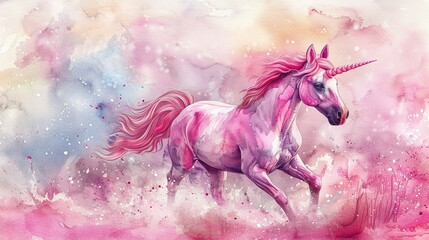 Obraz premium Watercolor Painting of a Pink Unicorn Galloping Through a Pink and White Sky