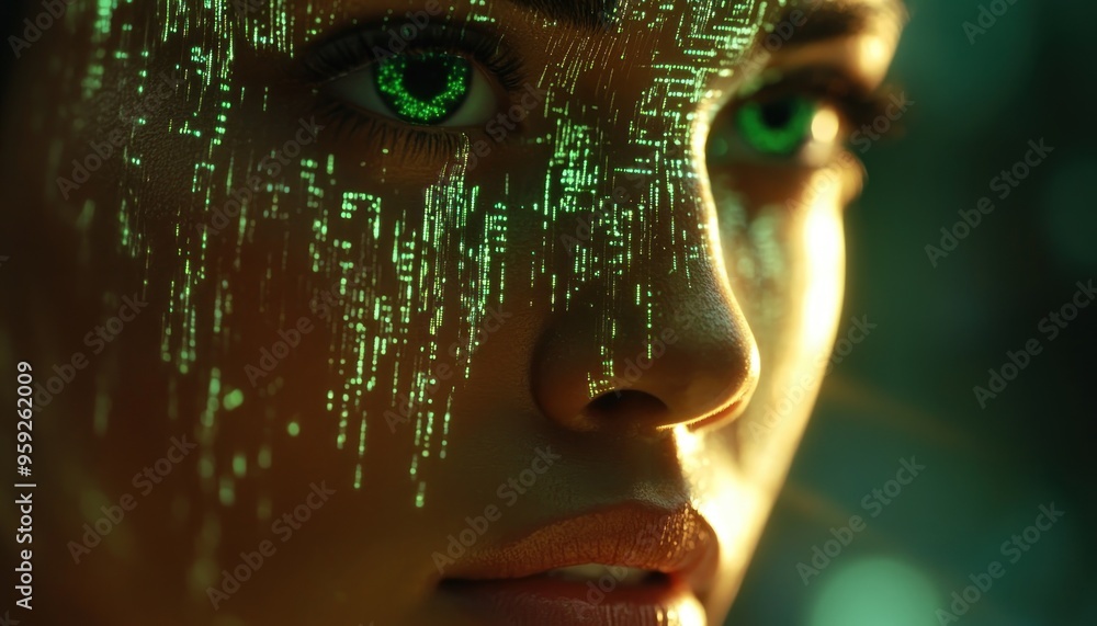 Poster ai-powered human head with binary code flowing through, future of intelligence, automation, and inno