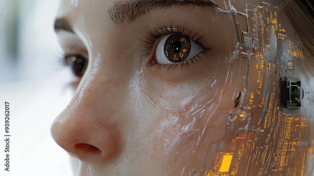 Poster ai-powered human head with automation networks the future of intelligence, code, and human-machine i