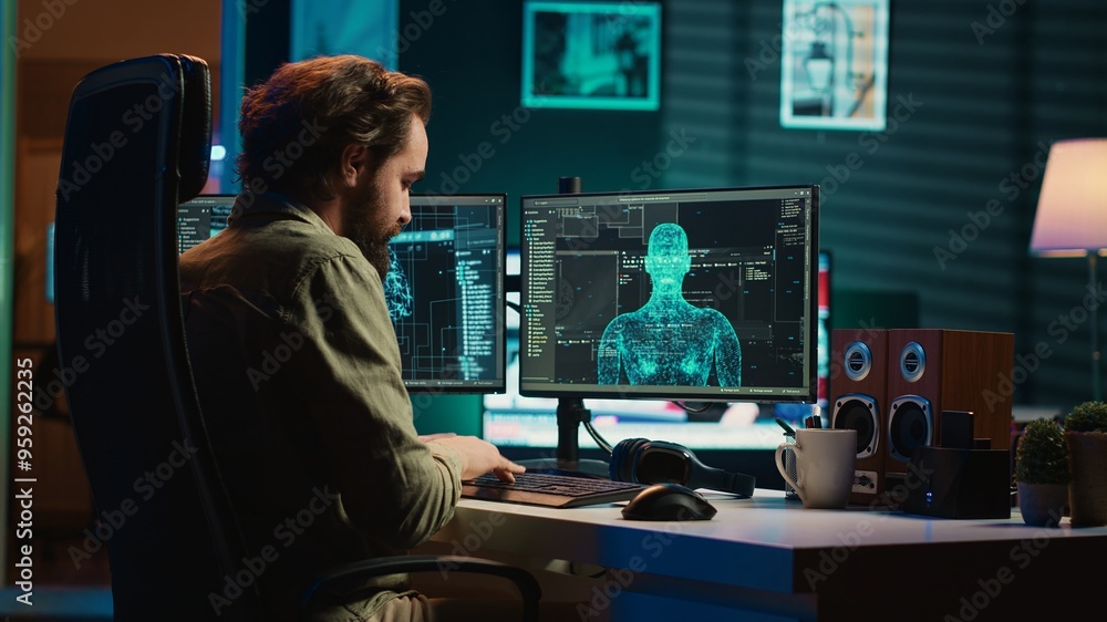 Poster developer inserting disk into pc containing conscient ai waving hand, saluting creator. it admin pla
