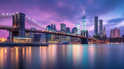 Naklejka premium The Brooklyn Bridge and Manhattan Skyline at Dusk