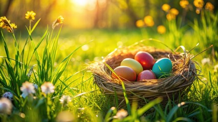 Fototapeta premium Nest with Easter eggs in lush grass on a sunny spring day, perfect for Easter decoration and background , Easter, eggs, grass