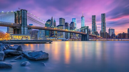 Brooklyn Bridge with City Skyline at Dusk