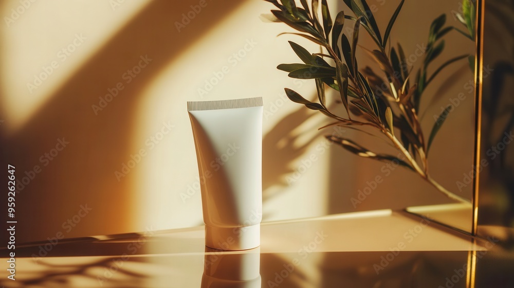 Aufkleber A tube of cream is positioned on a surface, reflecting in a mirror while basking in soft, warm, natural light, creating an inviting ambiance. Generative AI