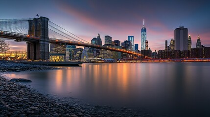 Fototapeta premium Brooklyn Bridge and Manhattan Skyline at Dusk