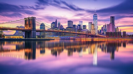 Naklejka premium Brooklyn Bridge and Manhattan Skyline at Sunset with Reflections in the East River