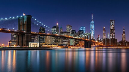 Illuminated Brooklyn Bridge and New York City Skyline at Night