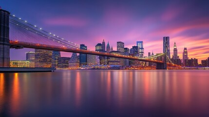 Brooklyn Bridge and Manhattan Skyline at Sunset with Reflections on the East River