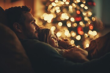 Obraz premium Family Christmas Eve Togetherness Dad and Daughter Sharing Warmth and Love by the Christmas Tree, Creating Lasting Memories of Family Security and Cozy Home