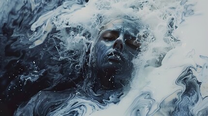 A woman's face submerged in swirling white and blue liquid, eyes closed, serene expression.