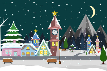 Cute winter landscape with night sky. Falling snow. Minimal design vector of nature village for holiday season in New Year. Christmas is perfect for winter holiday cards or advertising designs.