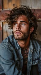 Obraz premium A young man with long, wavy hair and a beard looks off to the side. He is wearing a denim shirt and has a tattoo on his chest.