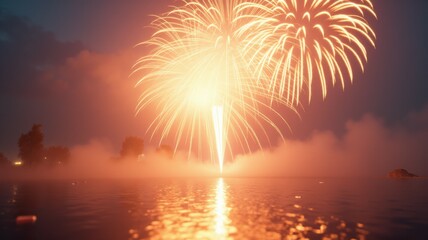 A firework display in the sky over a body of water