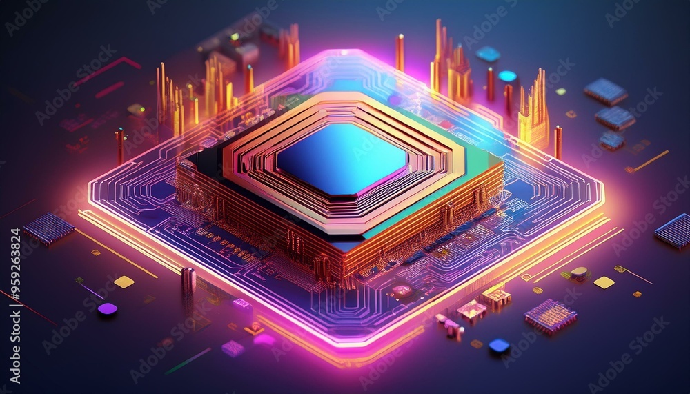 Poster abstract isometric ai chip or cpu processor