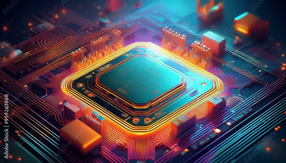 Poster Abstract isometric AI chip or CPU processor