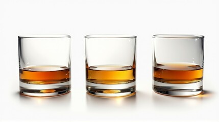 Three glasses of liquor are lined up on a table