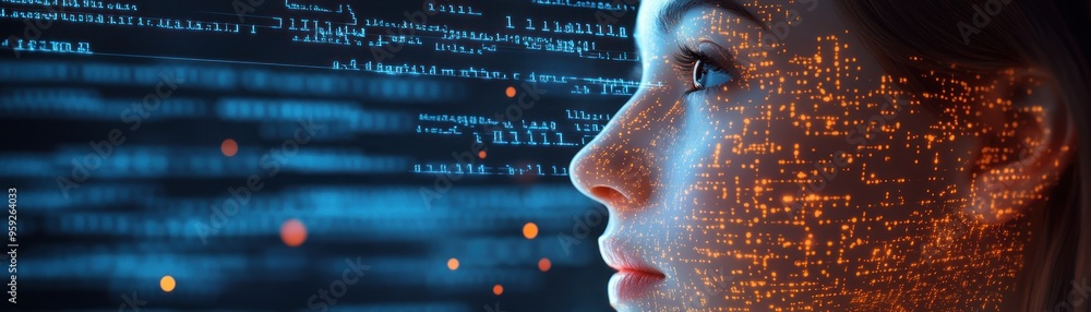Poster the future of intelligence a human face emblazoned with digital code, representing the power of ai a