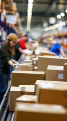 Fototapeta premium Efficient factory packaging and distribution area with workers meticulously boxing and labeling finished products.Manufacturing process,e-commerce logistics,supply chain digitization,industrial design
