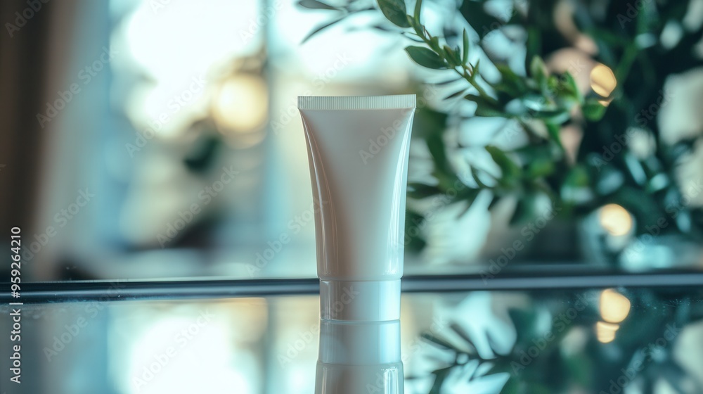 Aufkleber the tube of cream is positioned on a reflective mirror, surrounded by soft sunlight and greenery, cr