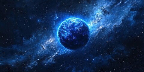 Obraz premium Blue planet in a galaxy with glowing clouds.