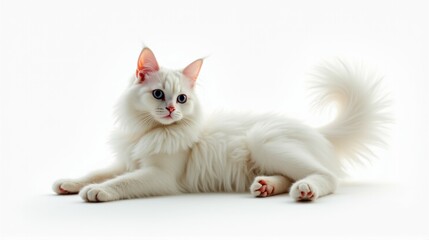 Obraz premium A white cat with blue eyes is laying on a white background