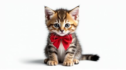 Obraz premium A kitten wearing a red bow tie is sitting on a white background