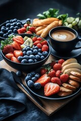 Vibrant fruit breakfast with berries, pastries, and latte on dark background