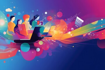 Colorful Abstract Illustration of People with Laptops and Smartphones in a Digital Space