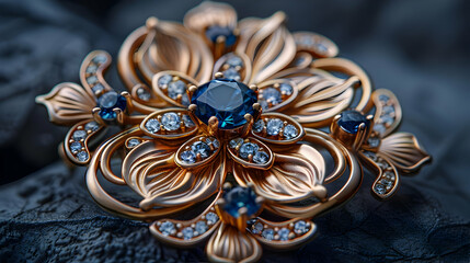 Obraz premium Golden Flower Brooch with Blue Gemstones Realistic Image