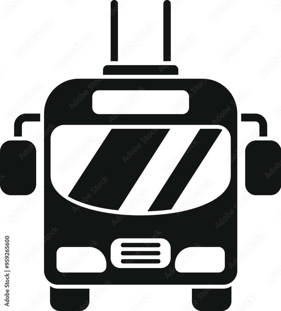 Poster simple black and white vector icon of the front of a trolleybus waiting at a stop to pick up passeng