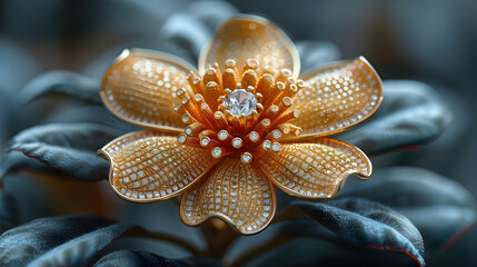 Golden Flower with Diamond Center - 3D Illustration