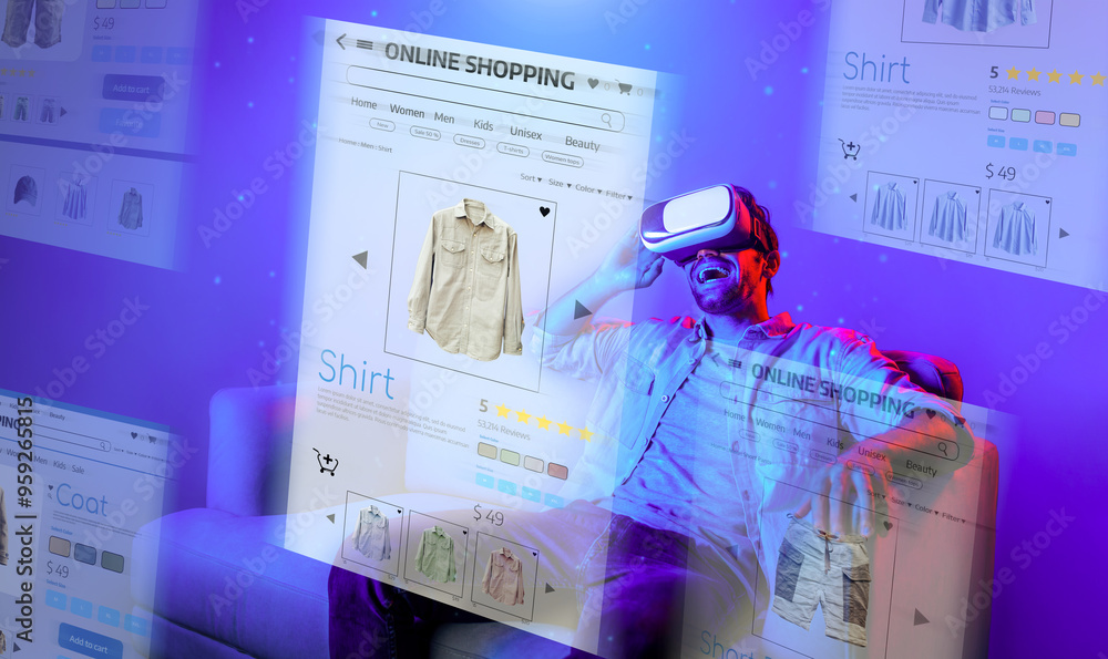 Poster caucasian man choosing and selecting product for shopping list while wearing visual reality goggles.