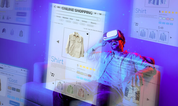 Caucasian man choosing and selecting product for shopping list while wearing visual reality goggles. Skilled person sitting at sofa with shopping bags while using VR glasses. Technology. Deviation.