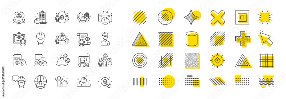 Poster teamwork, people and technical documentation. design shape elements. engineering line icons. bluepri