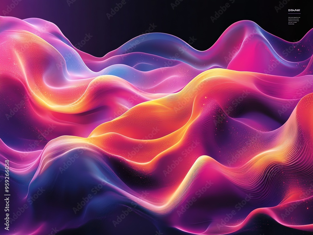 Poster abstract colorful wavy lines on a dark background.