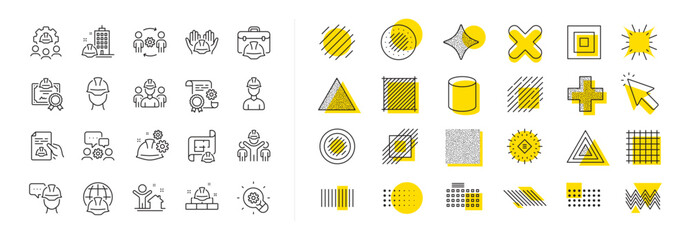Teamwork, People and Technical documentation. Design shape elements. Engineering line icons. Blueprint with gear, engineer and construction helmet set icons. Vector