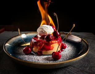 A flambe cherries jubilee being served tableside with ice-cream.