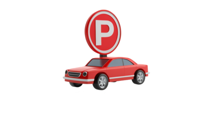 Red Car with Parking Sign on Pixelated Background
