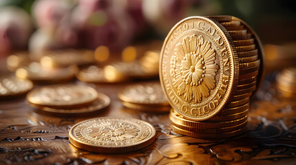 Gold Coins Stacked on a Wooden Surface, Photo