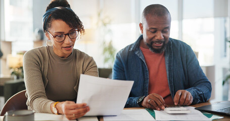 Financial documents, calculator and African couple with planning, paper and household budget in home. Bills, cost or people reading profit report for accounting of investment growth, taxes or salary