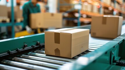 Efficient factory packaging and distribution area with workers meticulously boxing and labeling finished products.Manufacturing process,e-commerce logistics,supply chain digitization,industrial design