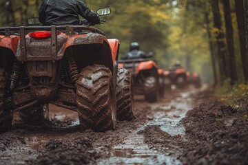 Obraz premium A close-up of an ATV covered in mud. This image is perfect for showcasing the off-road capabilities of ATVs and the thrill of mudding.