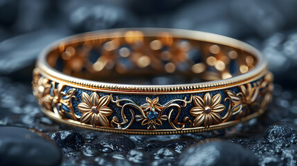 Gold Ring with Floral Design and Blue Gemstone - Photo